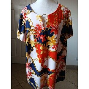 Tacera Womens Blouse Chain Floral Colorful Gold Rings Accent Short Sleeve Top 1X